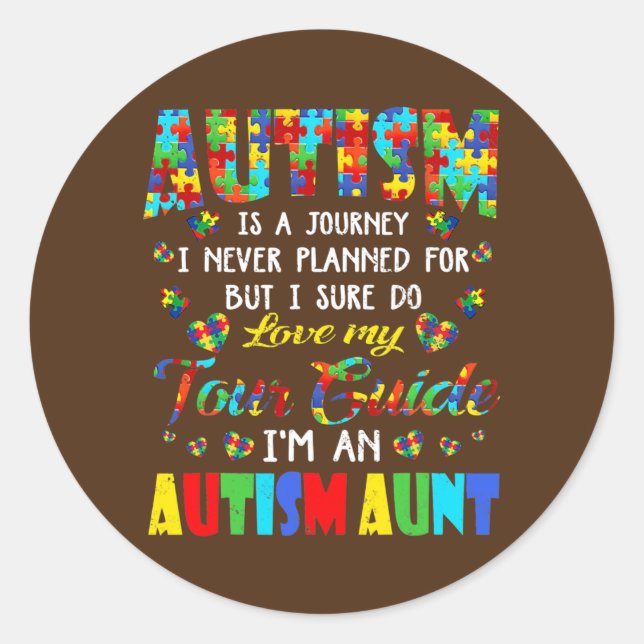 Sticker Rond Autisme Voyage Jamais planifié Tour Guide Tante (Devant)