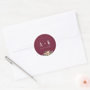 Sticker Rond Autocollants, Élégant monogramme bordeaux floral