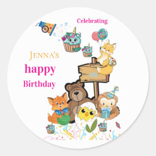 Sticker Rond Autocollants, Joyeux Anniversaire Renard Oiseau Po