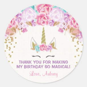 Sticker Rond Autocollants, rose et or d'anniversaire de licorne
