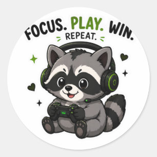 STICKER ROND AUTOFOCUS JOUER GAGNER RÉPÉTER GAMER RACCOON AUTOC