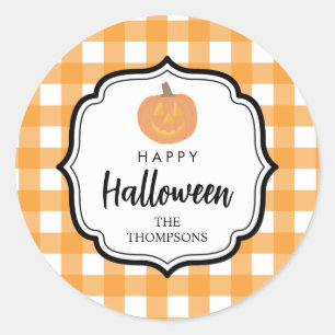 Sticker Rond Automne Automne Orange Plaid Halloween Citrouille
