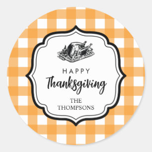 Sticker Rond Automne Automne Orange Plaid Thankgiving Turquie