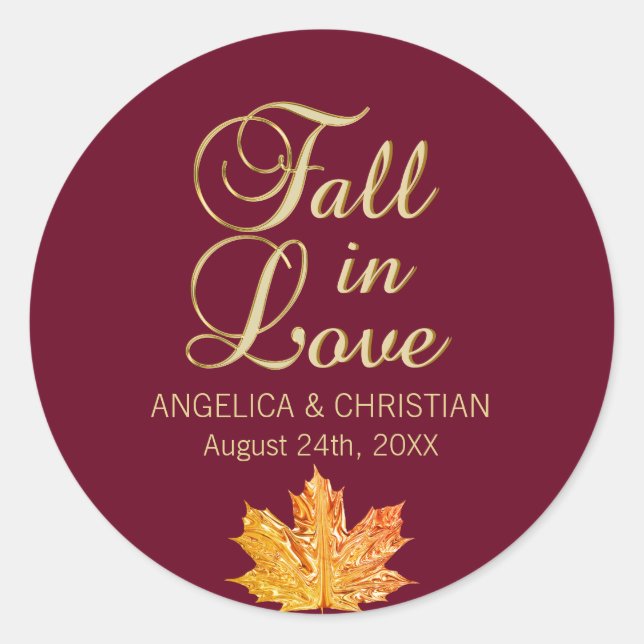 Sticker Rond Automne Bourgogne La chute d'or en amour Mariage (Devant)