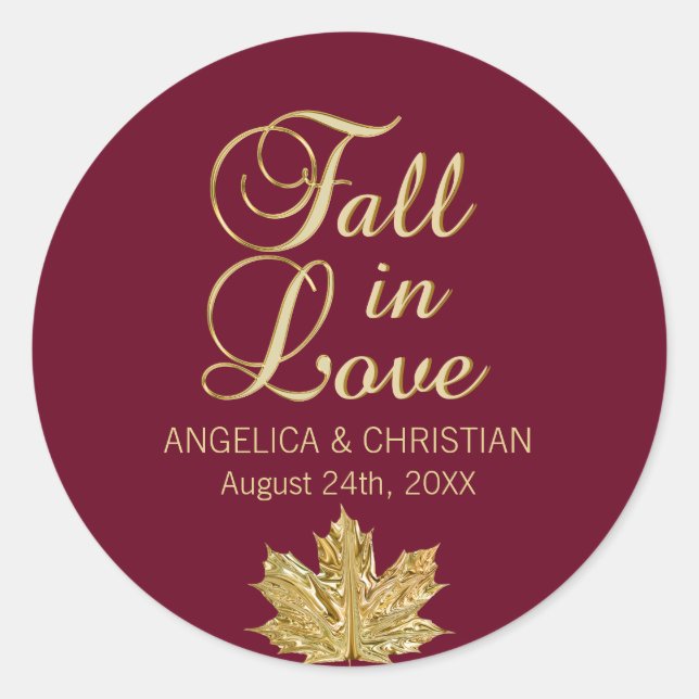Sticker Rond Automne Bourgogne La chute d'or en amour Mariage (Devant)