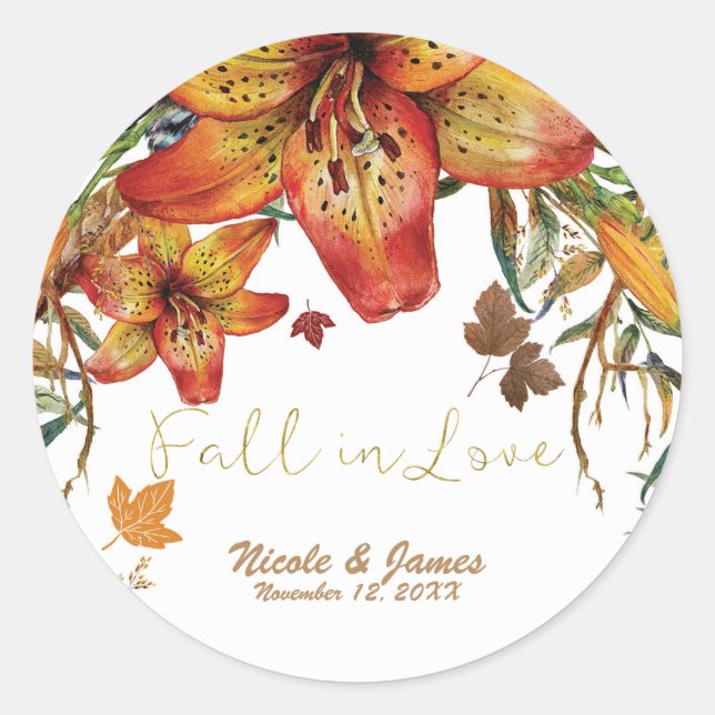 Sticker Rond Automne Chute En Amour Floral Orange Lys & Feuille (Devant)