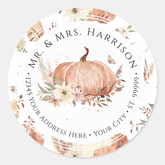 Sticker Rond Automne Citrouille Floral Autumn Leaf Adresse de r (Devant)