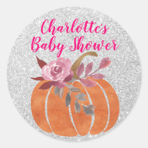 Sticker Rond Automne Citrouille floral Baby shower d'argent ros