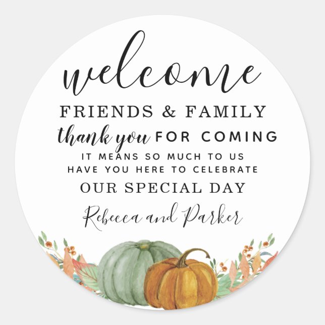 Sticker Rond Automne citrouille Mariage Bienvenue merci (Devant)