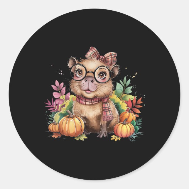 Sticker Rond Automne Citrouille mignon Capybyra Automne Thanksg (Devant)