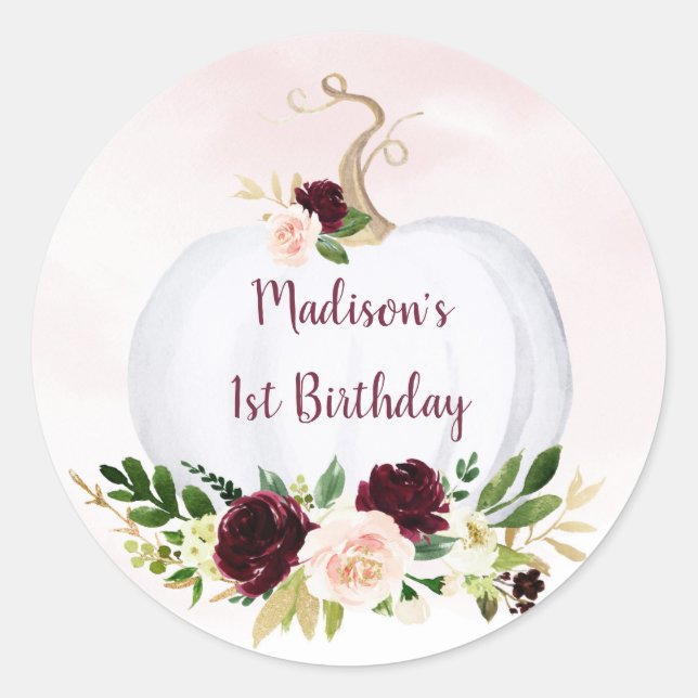 Sticker Rond Automne Citrouille rose or Bourgogne Anniversaire (Devant)