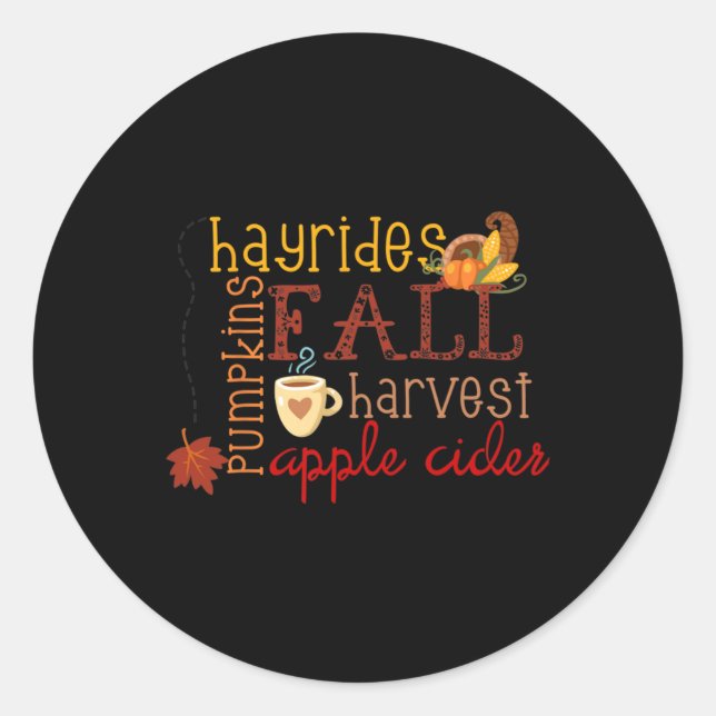 Sticker Rond Automne Citrouilles Hayrides Récolte Pommes Ciders (Devant)