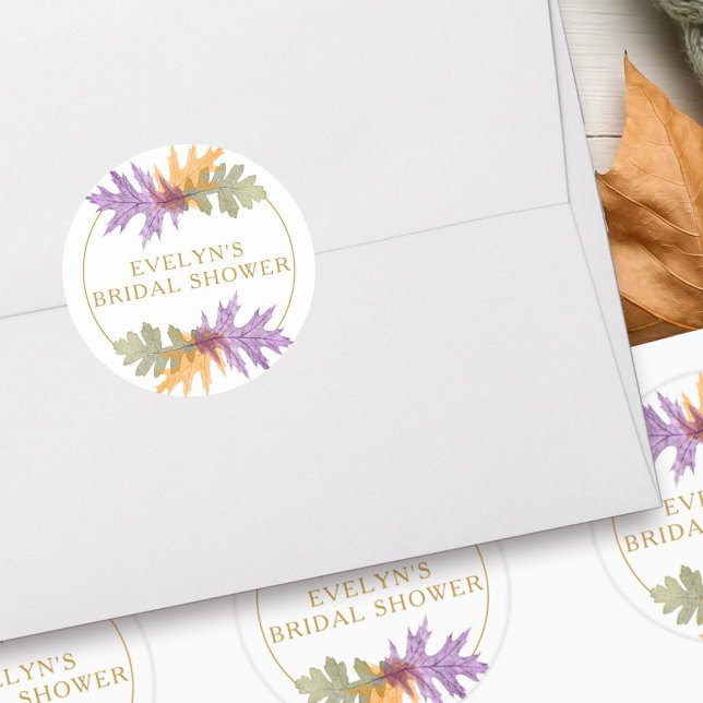 Sticker Rond Automne Feuilles d'octobre Texte doré élégant (October Leaves sticker with fully editable gold text and autumn fall leaf design)