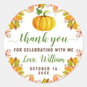 Sticker Rond Automne Feuilles Florales Citrouille Automne Merci