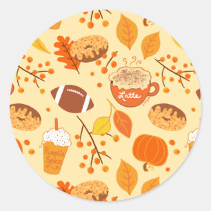 Sticker Rond Automne Feuilles Football et Citrouille Motif épic