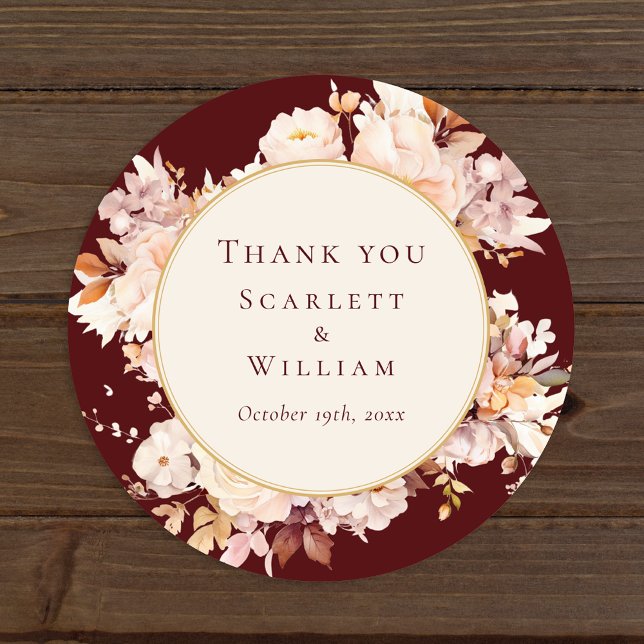 Sticker Rond Automne Floral Bourgogne Crème Mariage Merci (Créateur téléchargé)