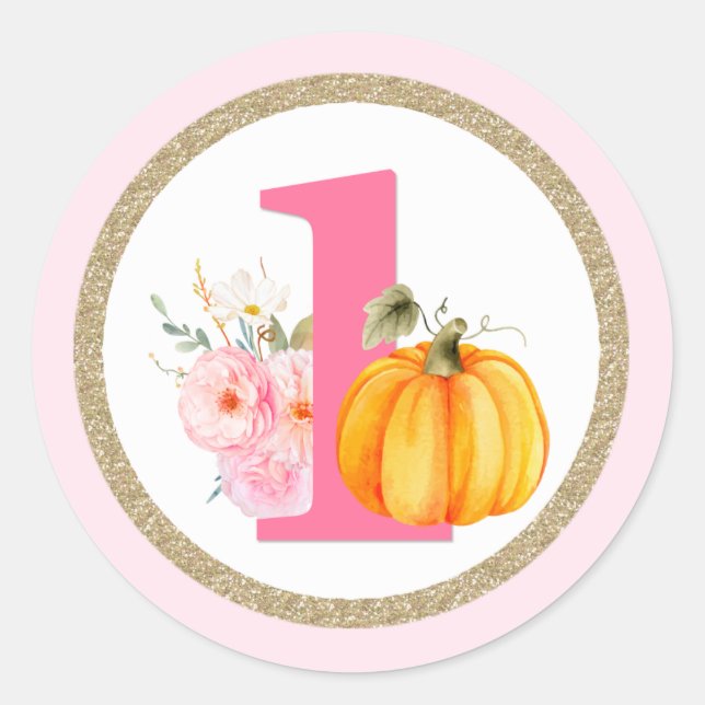 Sticker Rond Automne Floral Citrouille Baby Girl's 1st Birthday (Devant)