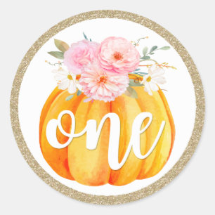 Sticker Rond Automne Floral Citrouille Baby Girl's 1st Birthday