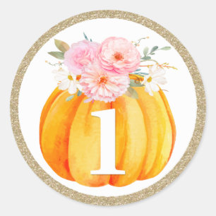 Sticker Rond Automne Floral Citrouille Baby Girl's 1st Birthday