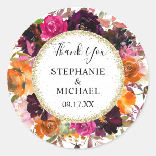 Sticker Rond Automne Floral Parties scintillant or Mariage Merc