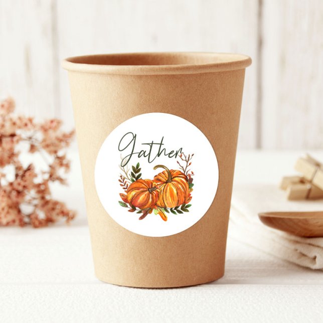 Sticker Rond Automne Orange Citrouille Leaf Rassembler Thankgiv (Créateur téléchargé)