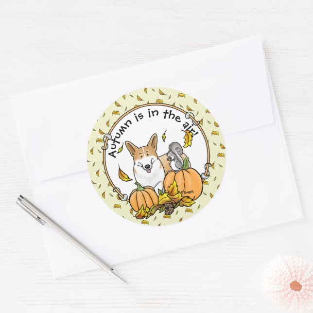 Sticker Rond Automne Pembroke Welsh Corgi (rouge 1) Citrouille  (Enveloppe)