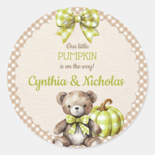 Sticker Rond Automne Plaid Teddy Bear Citrouille Vert Beige