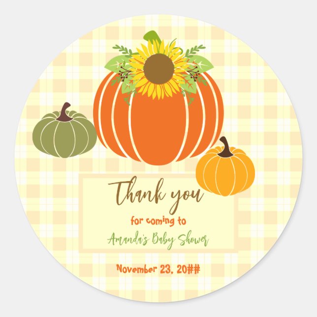 Sticker Rond Automne Rustique Jaune Citrouille Baby shower tour (Devant)