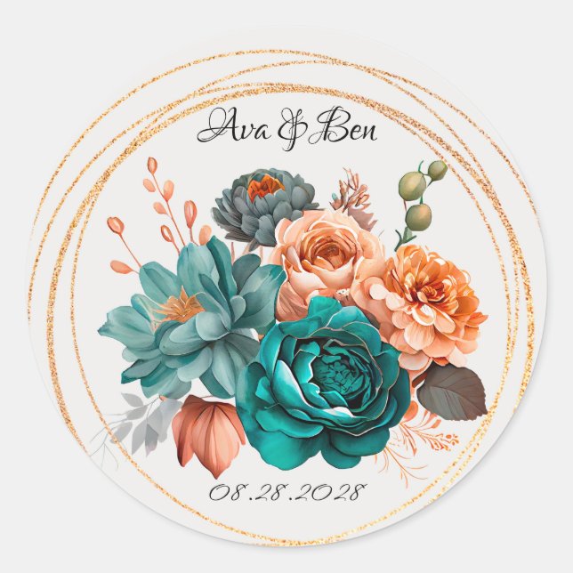 Sticker Rond Automne Turquoise et Terracotta Peony Mariage or (Devant)