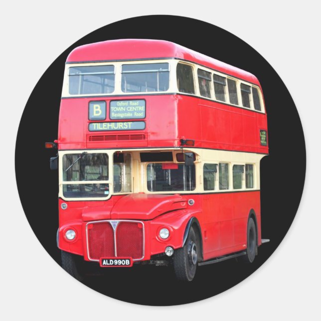 Sticker Rond Autour de 1950, vieux bus rouge de Londres (Devant)