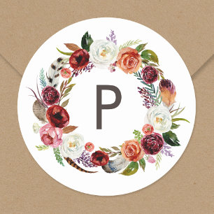 Sticker Rond Autumn Boho Blooms Wreath Mariage Monogramme
