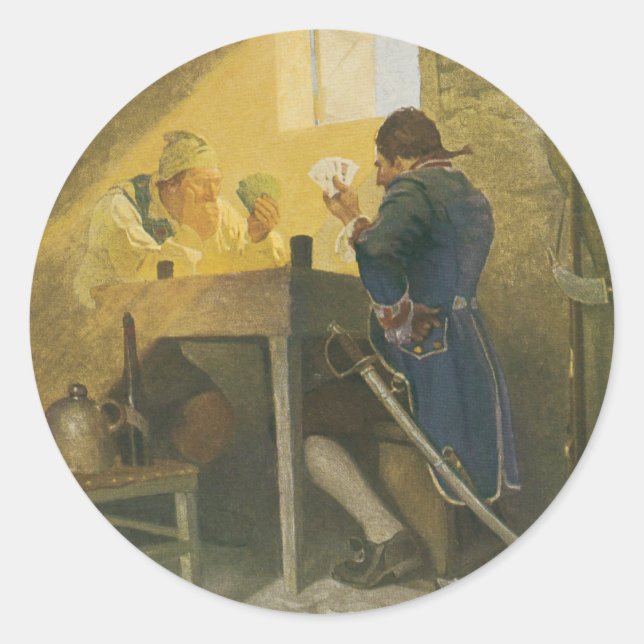 Sticker Rond Aux Cartes dans la cage de Cluny par NC Wyeth (Devant)