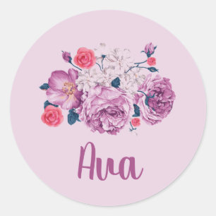 Sticker Rond Ava Nom Floral Personnalisé Fleur Vintage Fille Fl