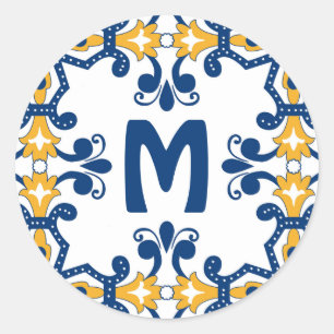 Sticker Rond Avec 💛 initial 💙 bleu et jaune Azulejos 