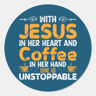 Sticker Rond Avec Jésus Dans Son Café Du Coeur Dans Sa Main, El