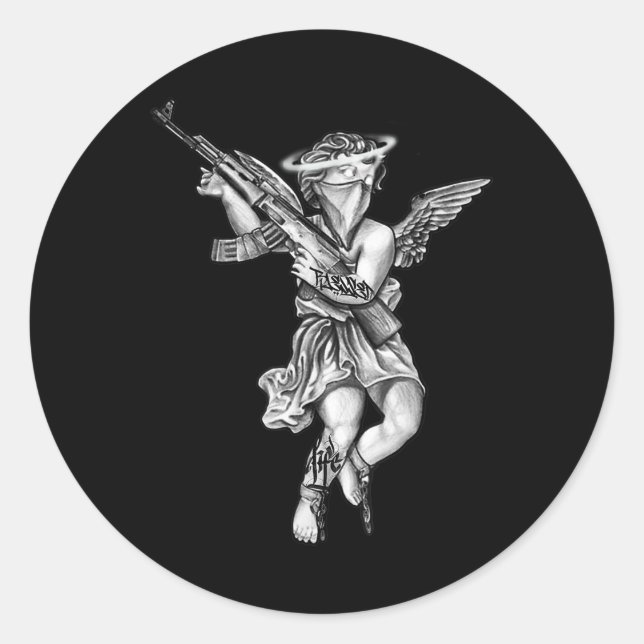Sticker Rond Avening Angel Sinner Chicano Tattoo (Devant)