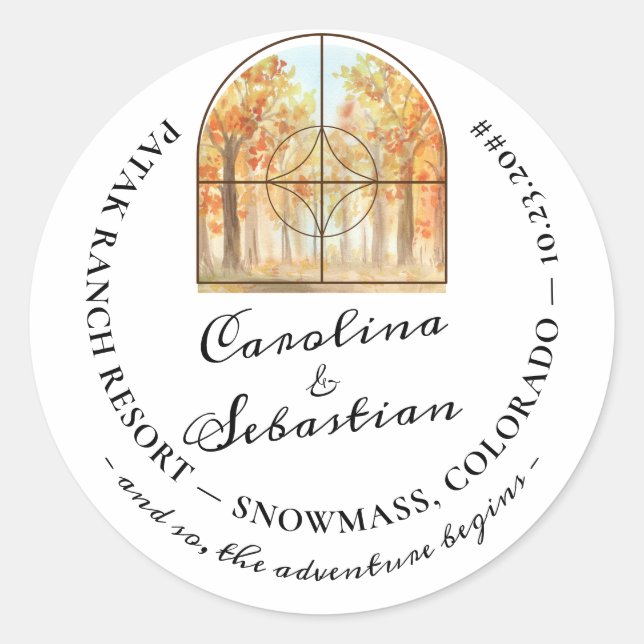 Sticker Rond Aventure Begin Mountain Forest Paysage Mariage (Devant)