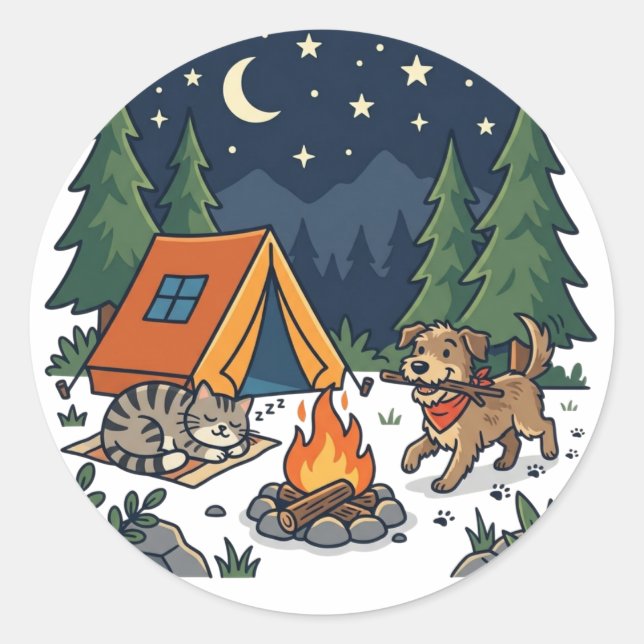 Sticker Rond Aventure de camping avec chien et chat (Devant)