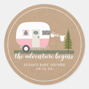 Sticker Rond Aventure Retro Camper Trailer Baby shower rose