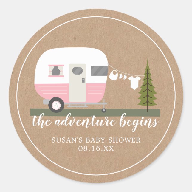 Sticker Rond Aventure Retro Camper Trailer Baby shower rose (Devant)