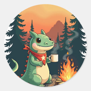 Sticker Rond Aventure Rétro de Camping Axolotl en Pleine Nature