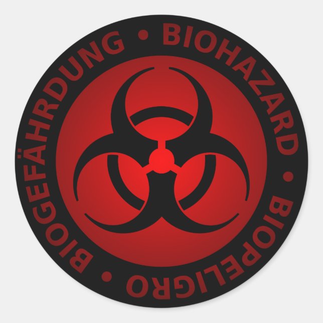 Sticker Rond Avertissement de risque biologique trilingue rouge (Devant)