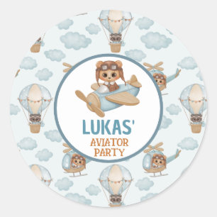 Sticker Rond Aviator Party Bear Pastel Blue Birthday Clas