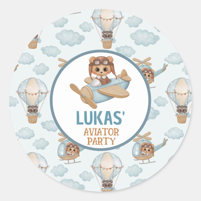Sticker Rond Aviator Party Bear Pastel Blue Birthday Clas (Devant)