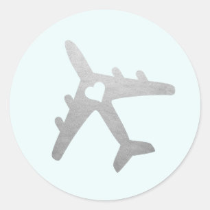 Sticker Rond Avion argenté avec thème de voyage romantique cœur