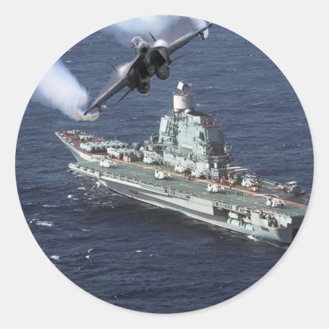 Sticker Rond Avion de chasse au-dessus d'un navire de marine (Devant)
