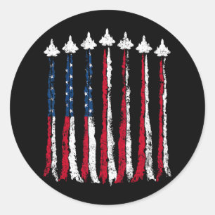 Sticker Rond Avion de chasse rétro Avion American Flag Heart 4t