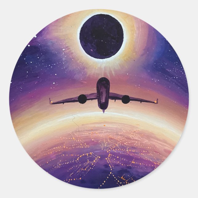 Sticker Rond Avion en ville de vol et éclipse (Devant)