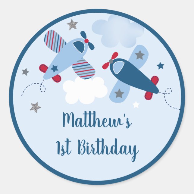 Sticker Rond Avion Stars Nuages Garçon Anniversaire (Devant)