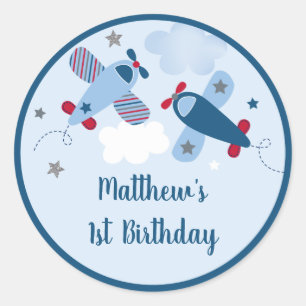 Sticker Rond Avion Stars Nuages Garçon Anniversaire
